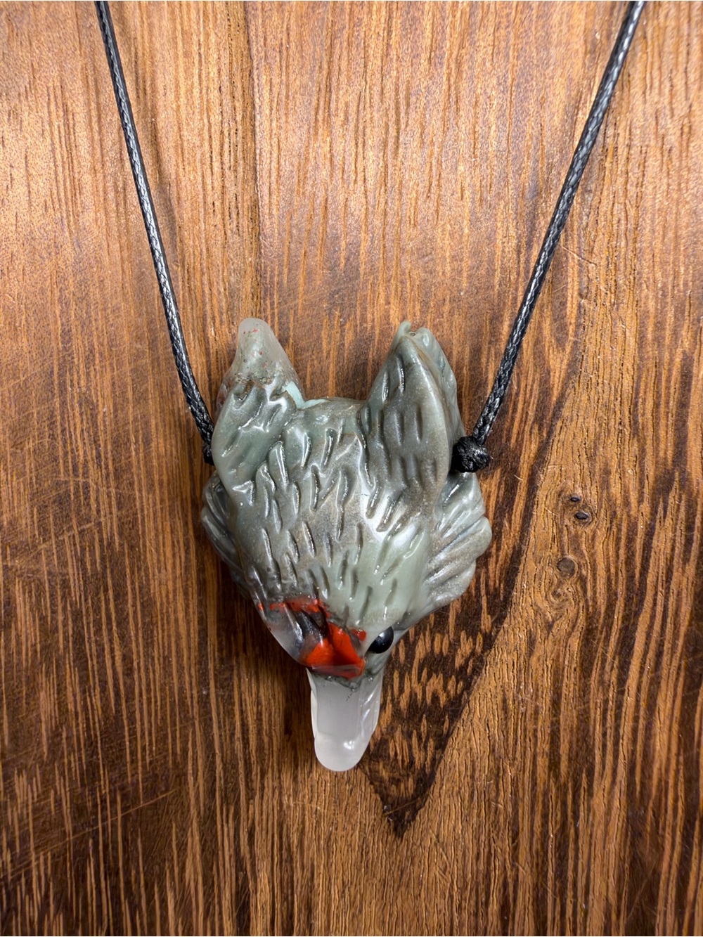 African Bloodstone Wolf Head Carving Pendant Necklace on Black Rope